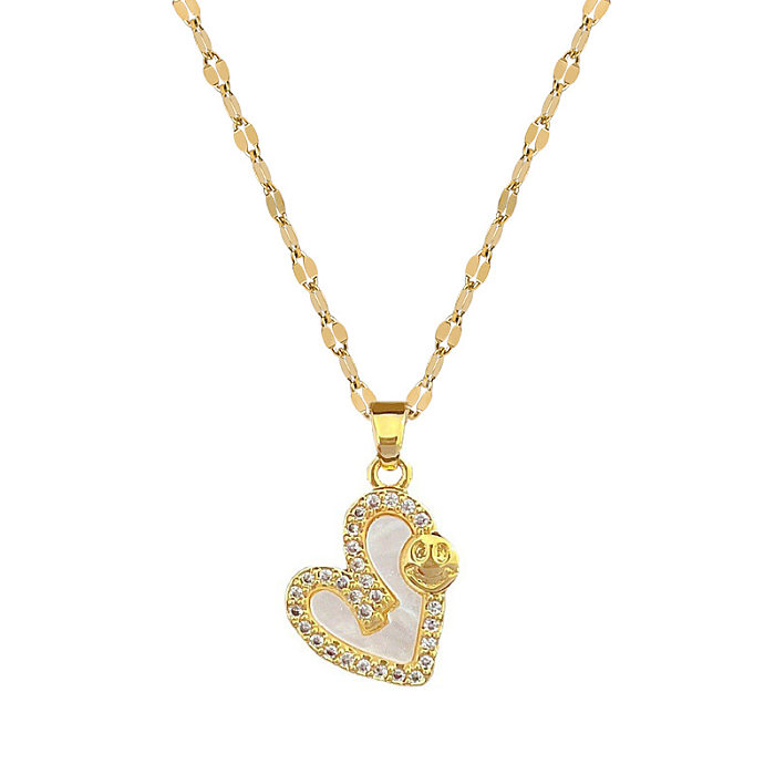 Elegant Glam Heart Shape Smiley Face Titanium Steel Copper Inlay Shell Zircon Pendant Necklace