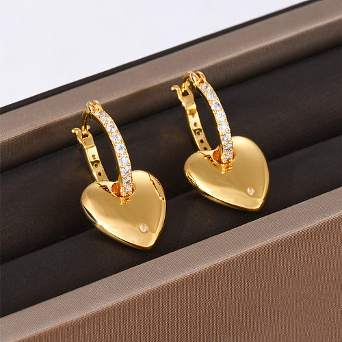 1 paire de boucles d'oreilles pendantes en forme de cœur, Style Simple, incrustation de strass en cuivre