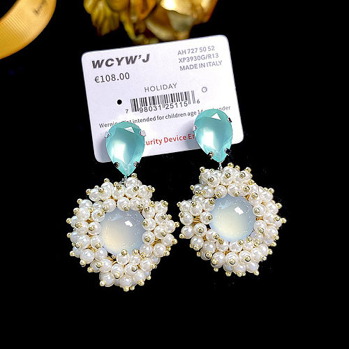 1 Pair Lady Round Inlay Copper Artificial Crystal Artificial Pearls Drop Earrings