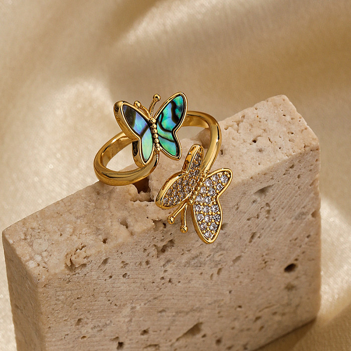 Fashion Butterfly Copper Plating Inlay Shell Zircon 18K Gold Plated Open Rings