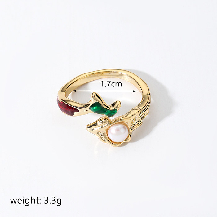 IG Style Casual Round Copper Enamel Plating Inlay Pearl 18K Gold Plated Open Rings