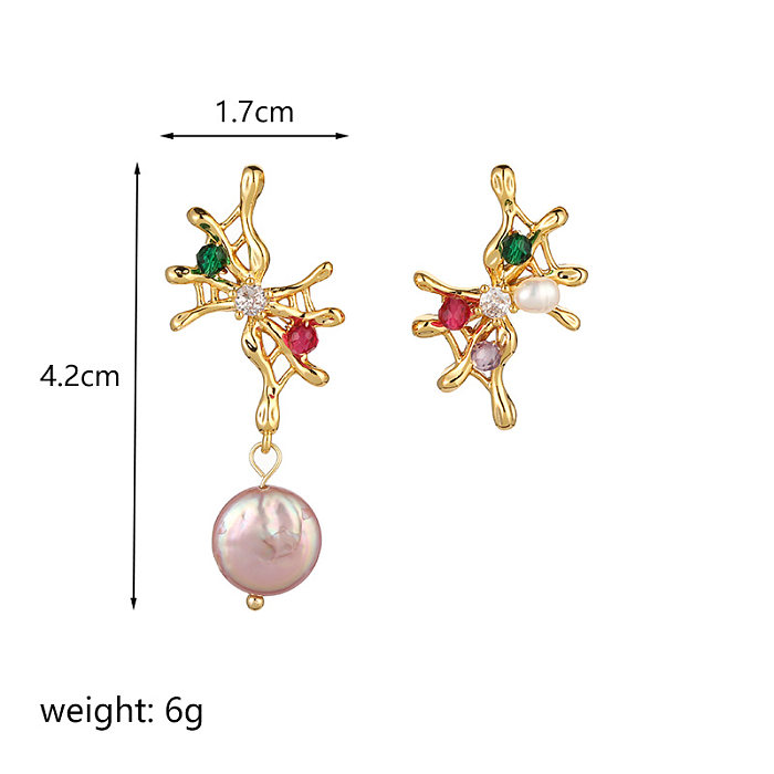 1 Pair IG Style Retro Geometric Asymmetrical Plating Inlay Copper Crystal Pearl Zircon 18K Gold Plated Drop Earrings
