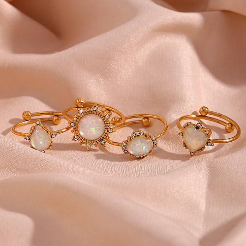 Simple Style Classic Style Sun Water Droplets Heart Shape Stainless Steel Plating Inlay Opal 18K Gold Plated Open Rings