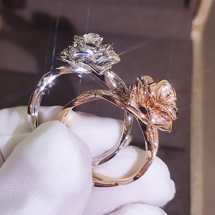 Anéis de zircão revestidos de cobre com flores da moda 1 peça