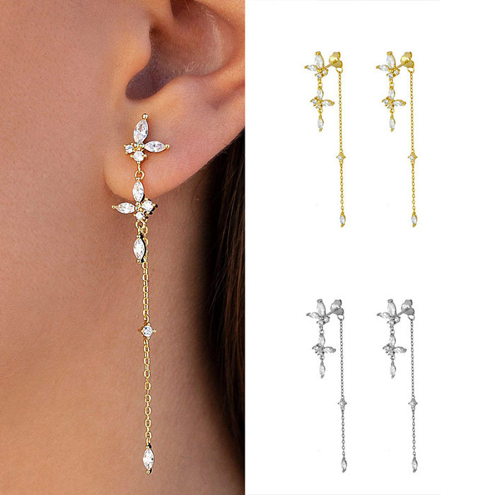 Boucles d'oreilles pendantes, 1 paire, Style Simple, placage papillon, incrustation de cuivre, pierres précieuses artificielles