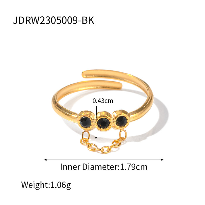 Estilo IG estilo simples redondo chapeamento de aço inoxidável corrente incrustada strass anéis abertos banhados a ouro 18K