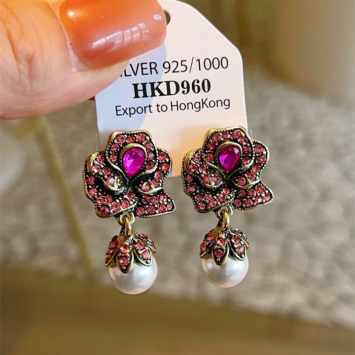 1 Pair Retro Flower Plating Inlay Copper Zircon Drop Earrings