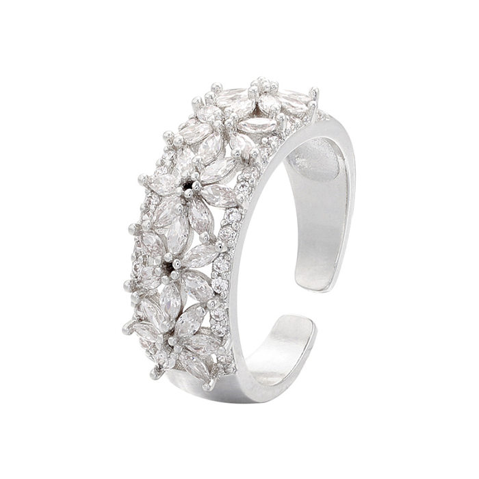 Novo estilo de anel de flor de zircão micro-incrustado com flores cheias de diamantes anel aberto de zircão