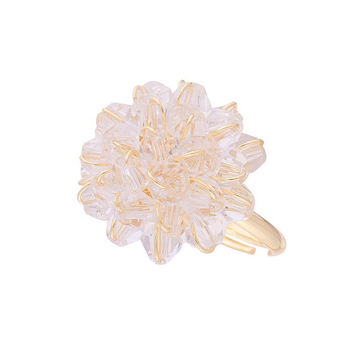 Glam Retro Flower Copper Crystal 14K Gold Plated Open Rings
