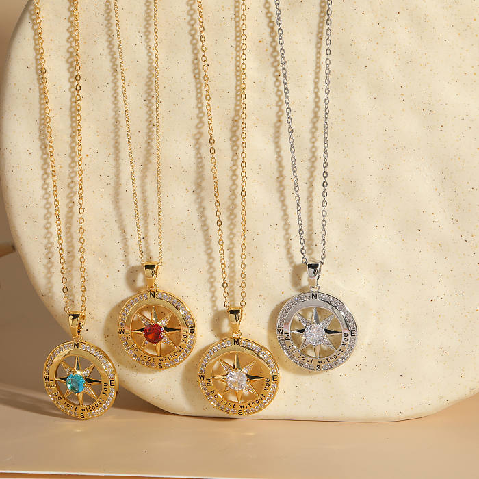 Elegante, luxuriöse, klassische Kompass-Halskette mit verkupfertem Zirkon-Inlay und 14-Karat-vergoldetem Anhänger