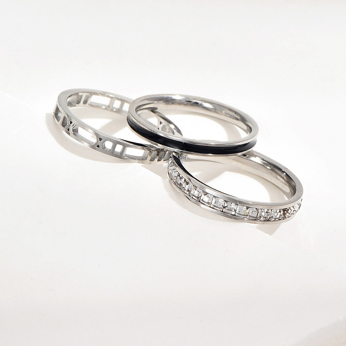 Conjunto de 3 peças de estilo simples círculo de aço inoxidável esmalte oco incrustado anéis de strass