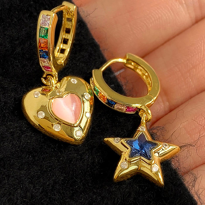 Brincos pendentes de zircônia com incrustações de cobre em forma de coração retrô estrela 1 par
