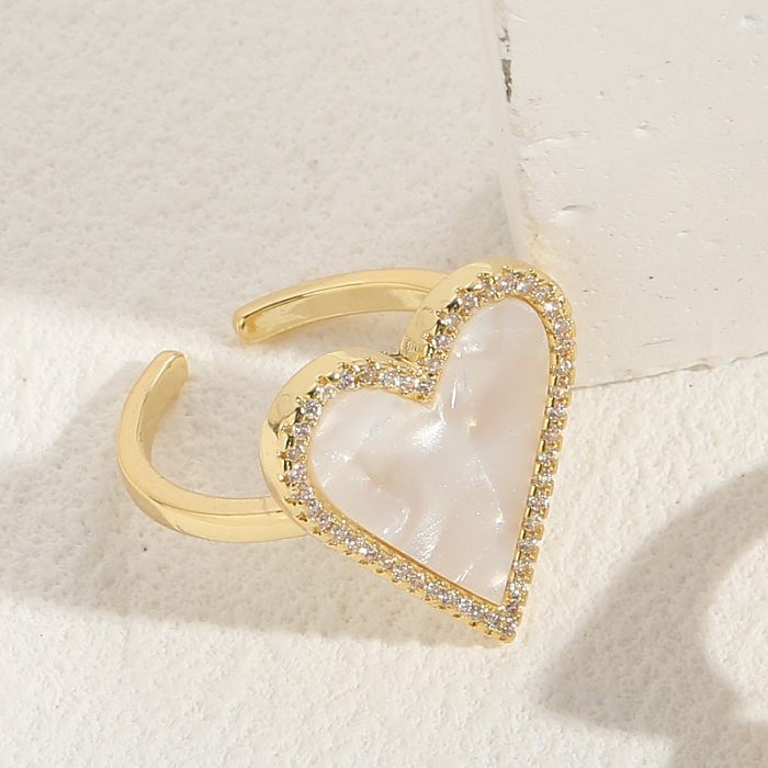 Elegant Luxurious Classic Style Heart Shape Copper Plating Inlay Shell Zircon 14K Gold Plated Open Ring