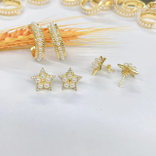 1 Pair Fashion C Shape Star Copper Inlay Artificial Pearls Zircon Ear Studs