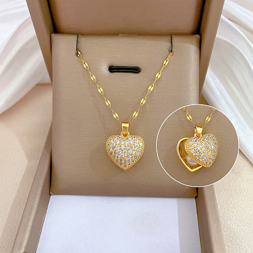 Collier pendentif en forme de cœur, titane, acier, cuivre, incrustation de perles artificielles, Zircon