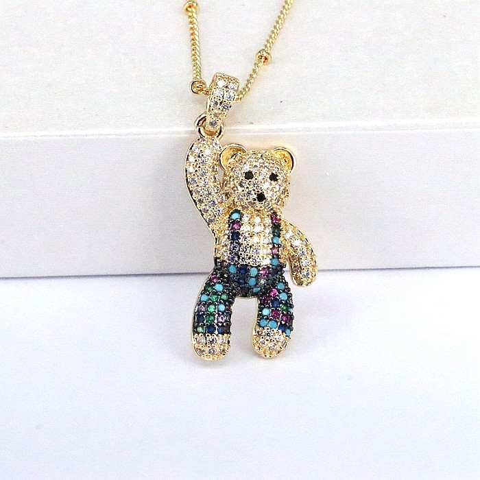 Collier pendentif décontracté hip-hop petit ours, incrustation de cuivre et Zircon plaqué or