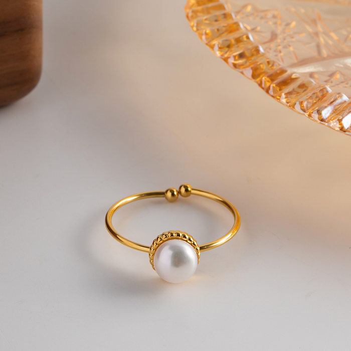 Fashion Round Stainless Steel Inlay Pearl Rings 1 Piece