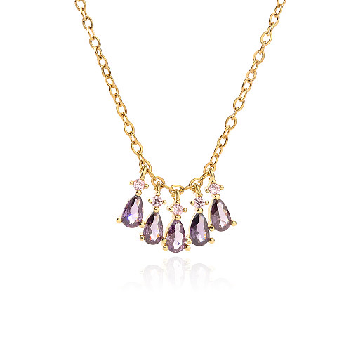 Elegant Water Droplets Copper Plating Inlay Zircon 18K Gold Plated Pendant Necklace