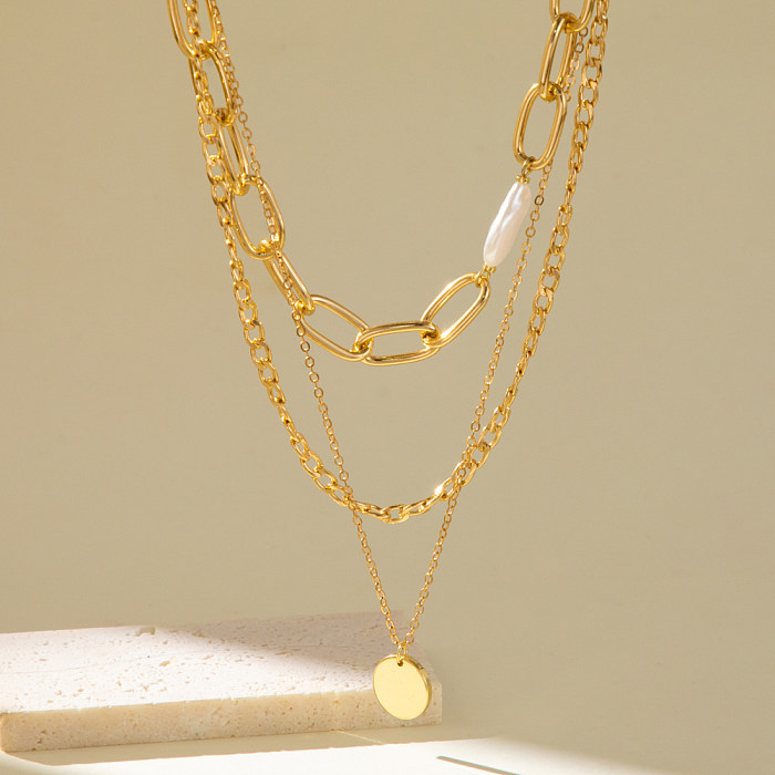 Retro Classic Style Roman Style Geometric Imitation Pearl Copper Plating Layered Necklaces