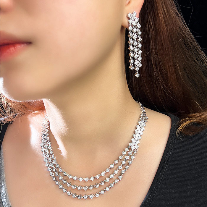 Elegante, luxuriöse, geometrische Kupfer-Inlay-Ohrringe mit künstlichen Edelsteinen, weißvergoldet und rhodiniert