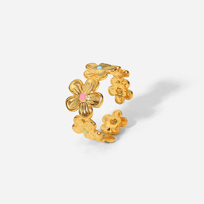 Novo Aço inoxidável 18k banhado a ouro esmalte gotejamento impermeável anel de flor colorida