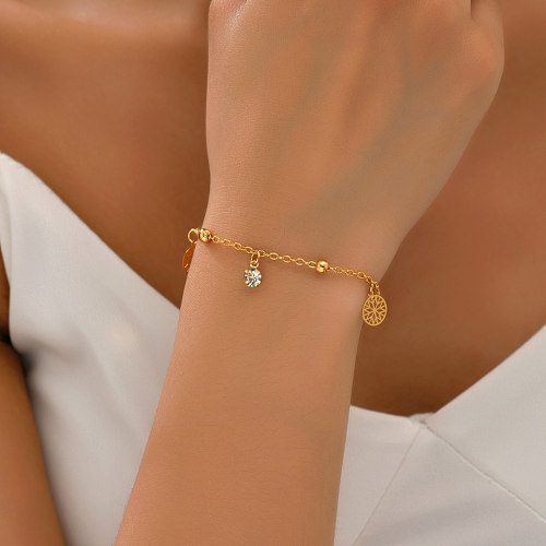 Vacation Round Copper Plating Chain Inlay Artificial Gemstones 18K Gold Plated Bracelets