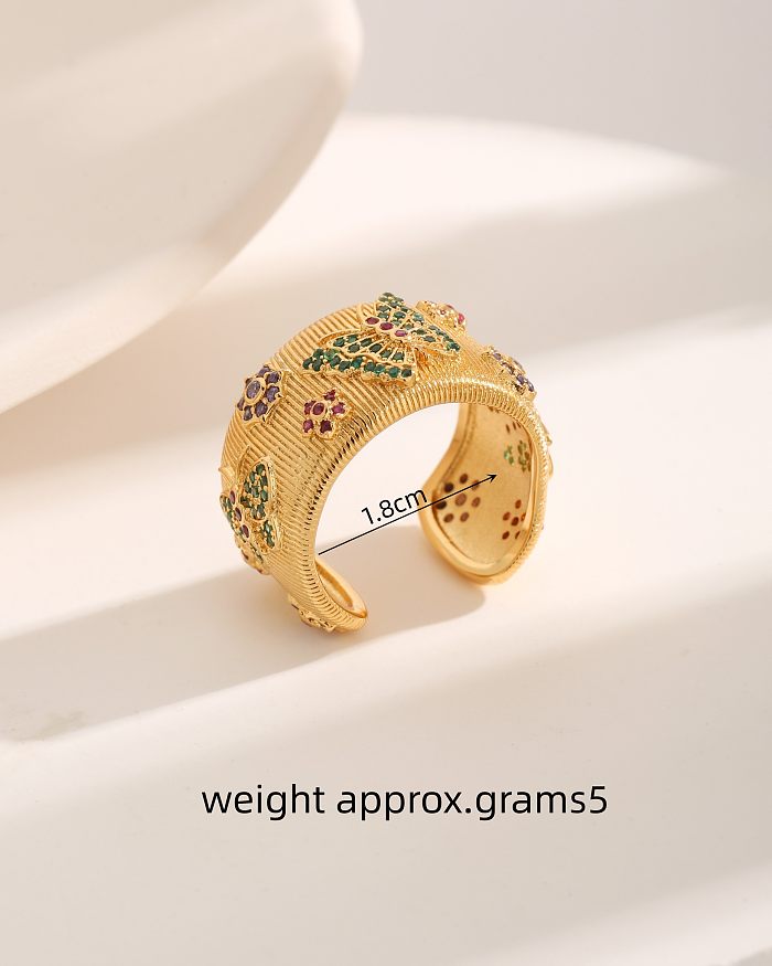 French Style Commute Flower Butterfly Copper Plating Inlay Zircon 18K Gold Plated Open Rings