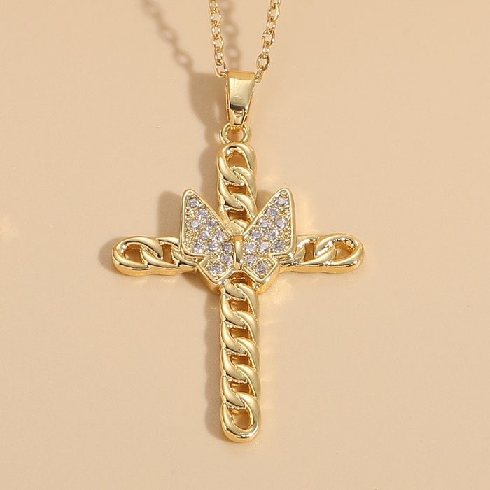 Casual Cross Copper Irregular Inlay Zircon 14K Gold Plated Necklace