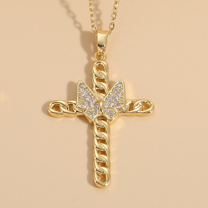 Lässige Kreuz-Kupfer-Halskette mit unregelmäßiger Inlay-Zirkon-Vergoldung und 14-Karat-Vergoldung