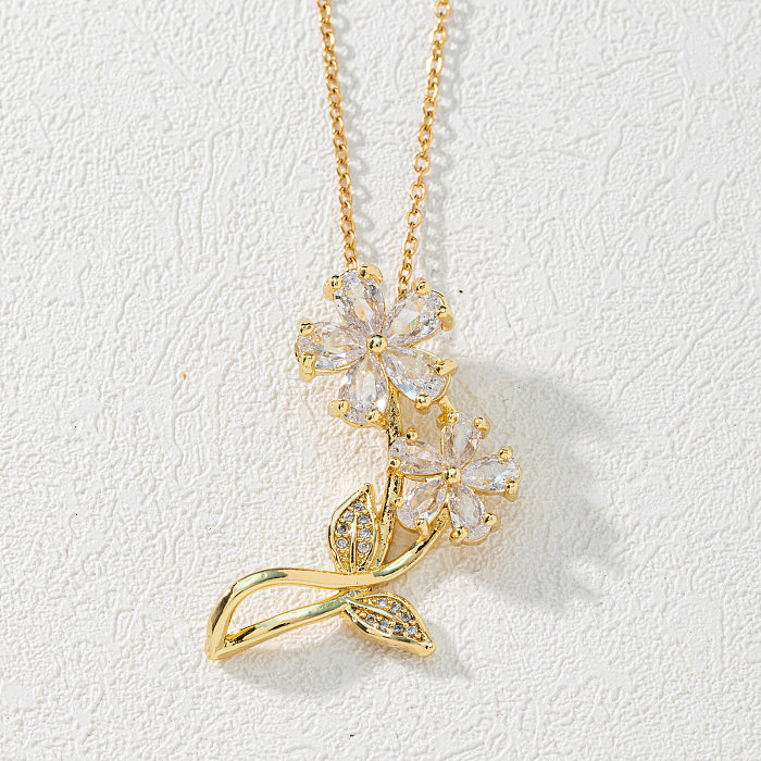 Fashion Flower Copper Gold Plated Zircon Pendant Necklace 1 Piece