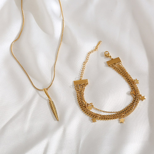 Einfache Art-Pendel-Blatt-Stern-Titanstahl-Überzug-vergoldete Armbänder-Halskette