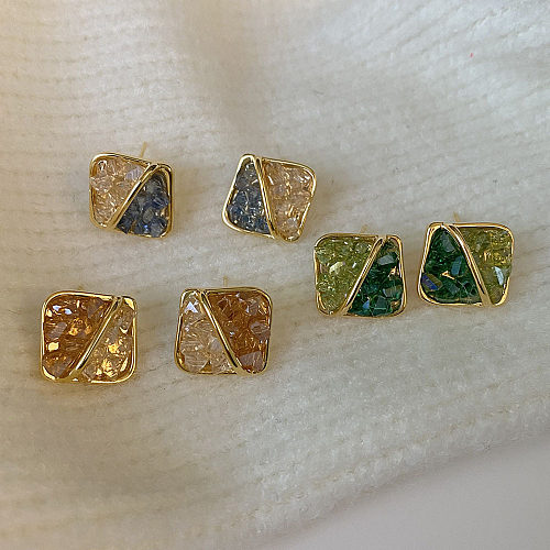 1 Pair Elegant Vintage Style Square Copper Inlay Artificial Crystal 14K Gold Plated Ear Studs