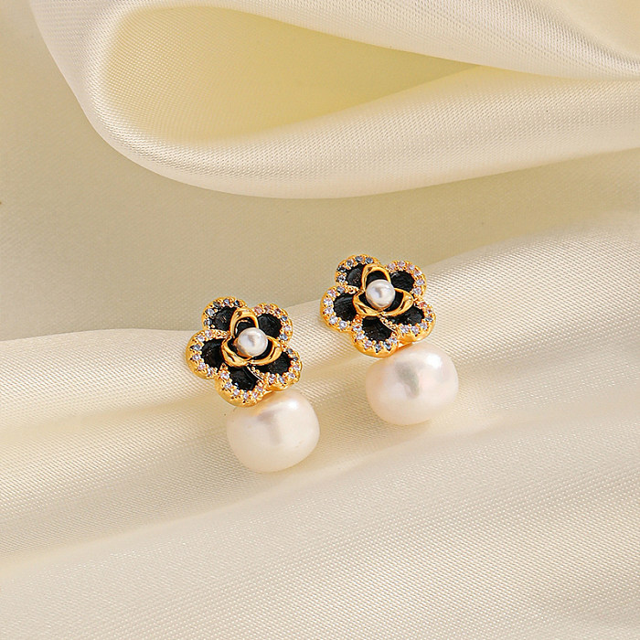 1 Pair Elegant Lady Commute Flower Plating Inlay Copper Artificial Pearls Zircon Ear Studs