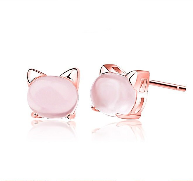 Cute Cat Copper Ear Studs Inlay Natural Stone Copper Earrings 1 Pair