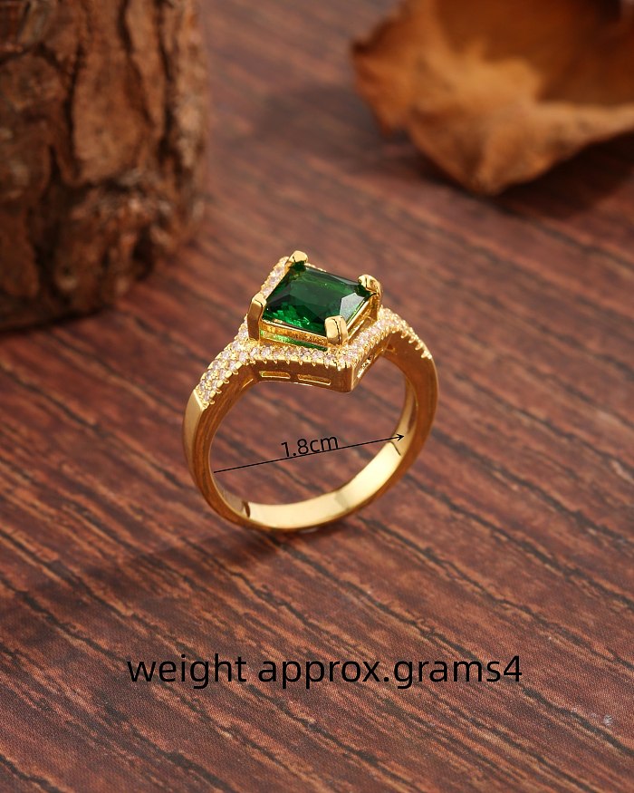 IG Style Shiny Rhombus Copper Plating Hollow Out Inlay Zircon 18K Gold Plated Rings