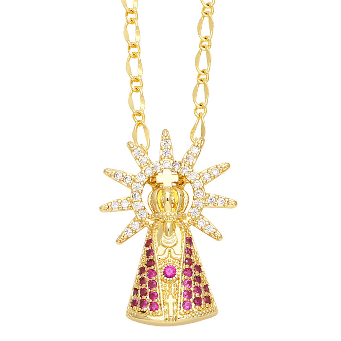Streetwear Cross Crown Copper Plating Inlay Zircon 18K Gold Plated Pendant Necklace