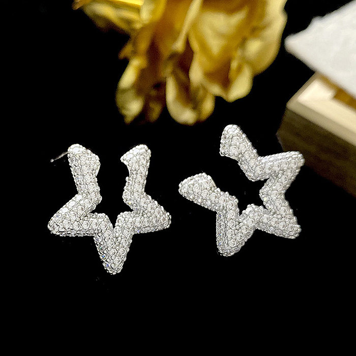 1 Pair Simple Style Star Inlay Copper Zircon Ear Studs