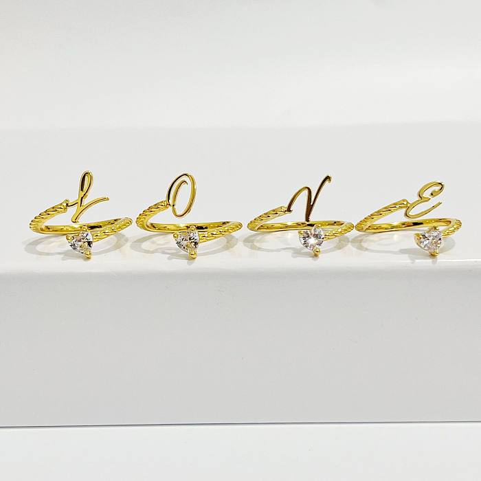 Anillos abiertos de diamante artificial con incrustaciones de cobre en forma de corazón de letra de estilo moderno