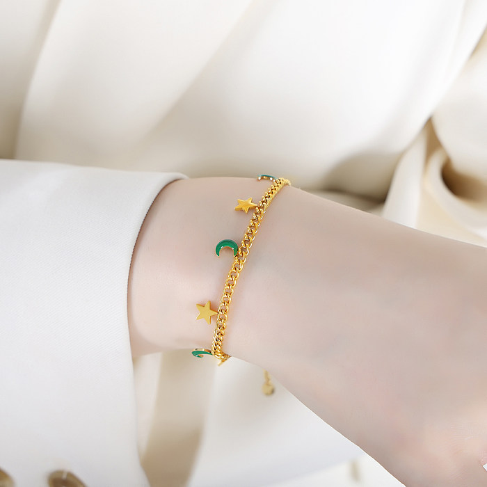 Elegante Streetwear-Armband-Halskette mit geometrischem Stern- und Mond-Motiv, Titanstahl, Emaille-Beschichtung, 18 Karat vergoldet