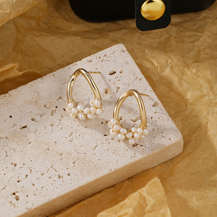 1 Pair Elegant Round Plating Inlay Copper Freshwater Pearl Zircon 18K Gold Plated Ear Studs