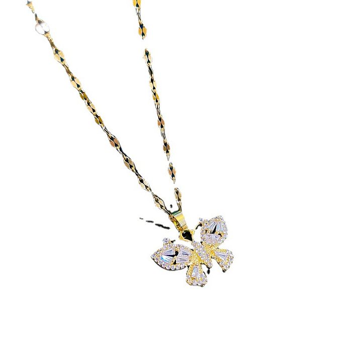 Mode Schmetterling Titan Stahl Kupfer Inlay Künstliche Diamant Anhänger Halskette