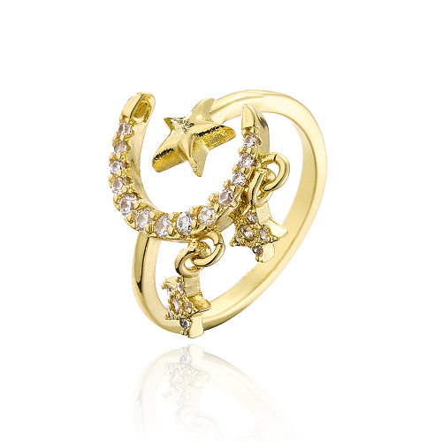Fashion Geometric Copper 18K Gold Zircon Star Moon Geometric Open Ring