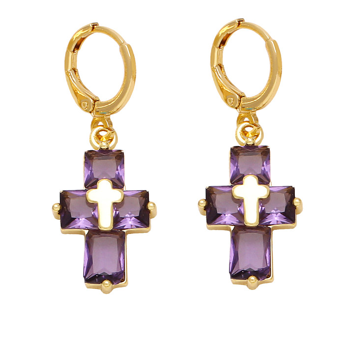 1 Pair Simple Style Cross Plating Inlay Copper Zircon 18K Gold Plated Drop Earrings