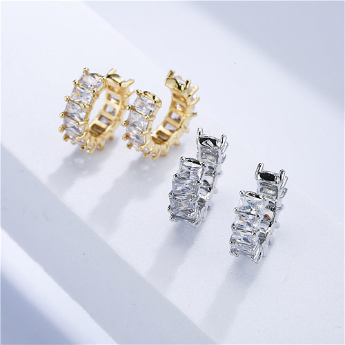 Brincos de diamante quadrados com clipe de orelha de zircônia microincrustados banhados a cobre joias de ouro 18K