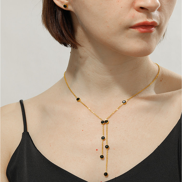Ensemble de boucles d'oreilles et collier pour femmes, 1 ensemble, rond et carré, en acier inoxydable, incrustation de diamant artificiel, plaqué or 18 carats