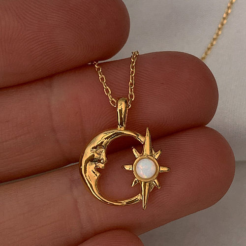 Halskette mit Opal-Anhänger im japanischen Stil mit Sonne und Mond, Kupfer-Inlay