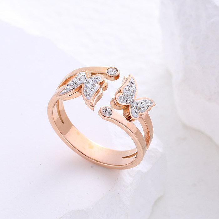 Casual Sweet Butterfly Stainless Steel Plating Inlay Zircon 24K Gold Plated Open Ring