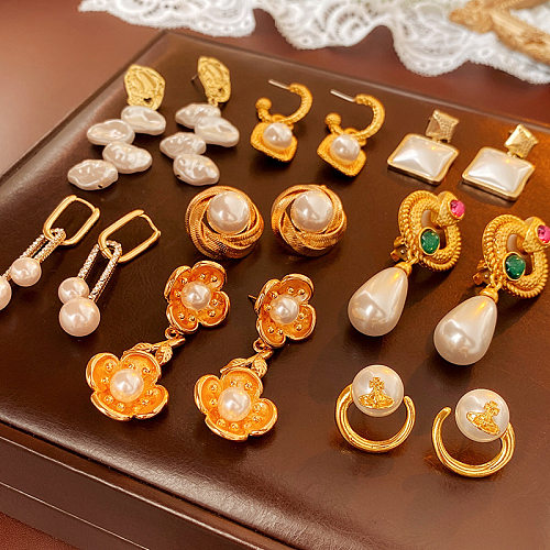 1 paire de boucles d'oreilles en cuivre et Zircon pour femmes, incrustation de placage de fleurs, perles artificielles, clous d'oreilles