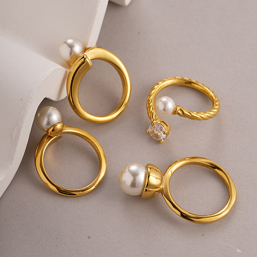 Casual Vacation Modern Style Twist Stainless Steel Plating Inlay Artificial Pearls Zircon Gold Plated Rings