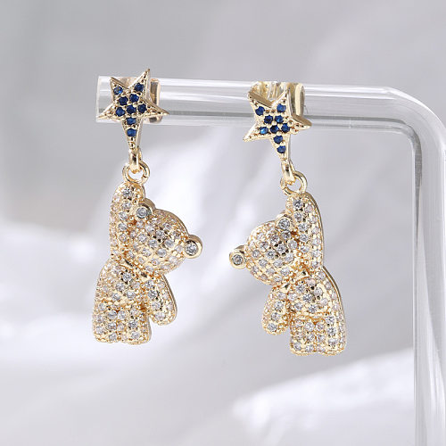 Boucles d'oreilles pendantes en Zircon plaqué cuivre, ours à la mode, 1 paire